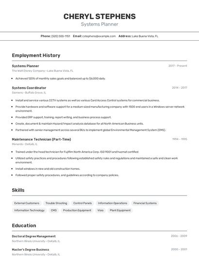 Systems Planner Resume