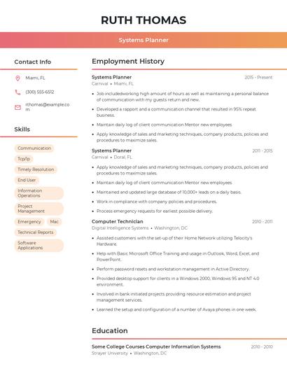 Systems Planner Resume
