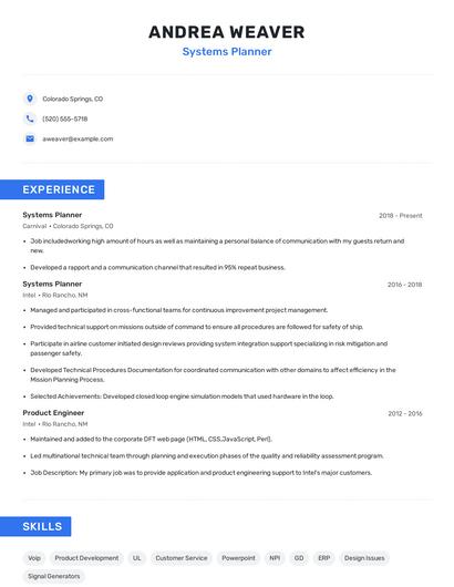 Systems Planner Resume
