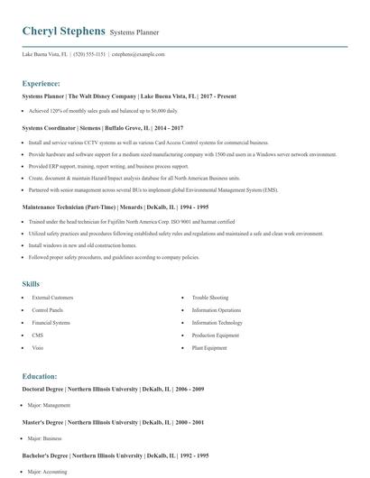Systems Planner Resume