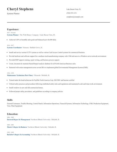 Systems Planner Resume