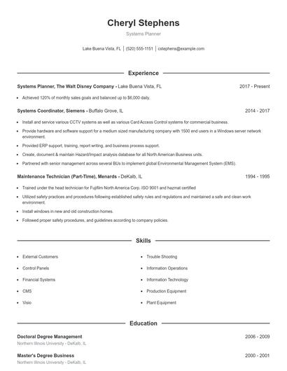 Systems Planner Resume