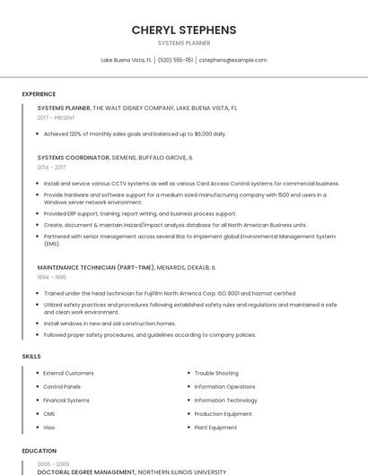 Systems Planner Resume