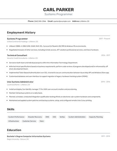 Systems Programmer Resume