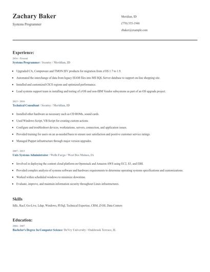 Systems Programmer Resume
