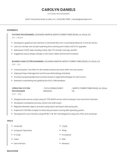 Systems Programmer Resume