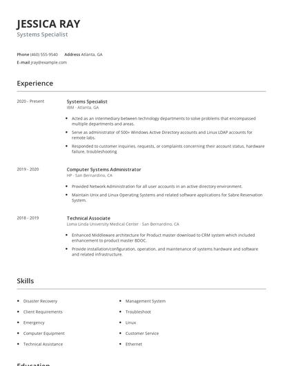 Systems Specialist Resume