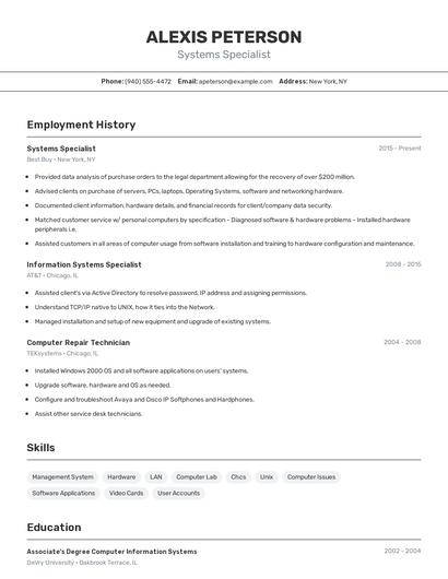 Systems Specialist Resume