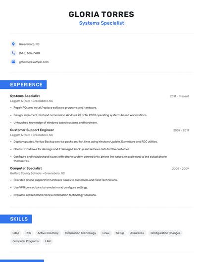 Systems Specialist Resume