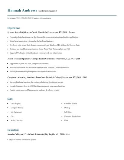 Systems Specialist Resume