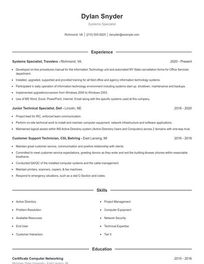Systems Specialist Resume