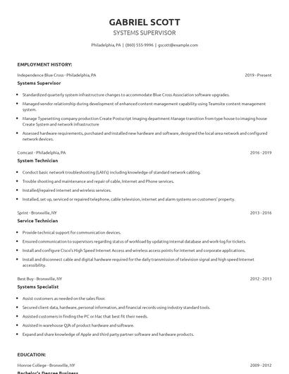 Systems Supervisor Resume