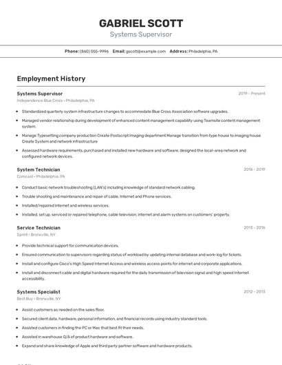 Systems Supervisor Resume