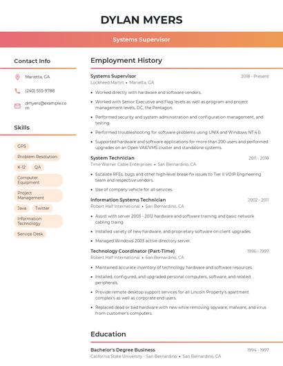 Systems Supervisor Resume
