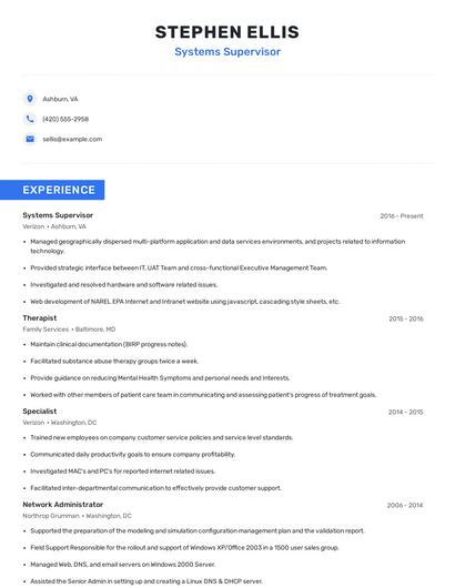 Systems Supervisor Resume