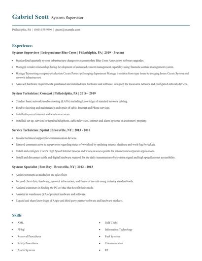 Systems Supervisor Resume