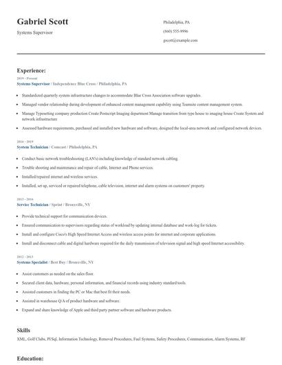 Systems Supervisor Resume