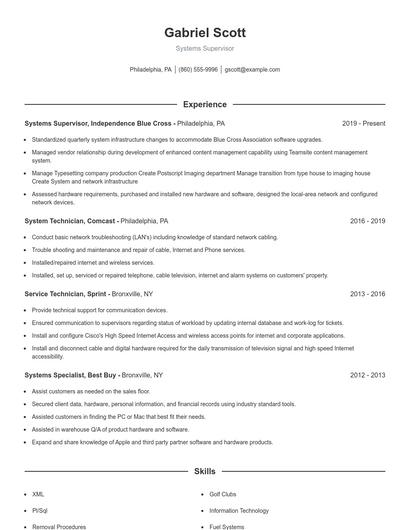 Systems Supervisor Resume