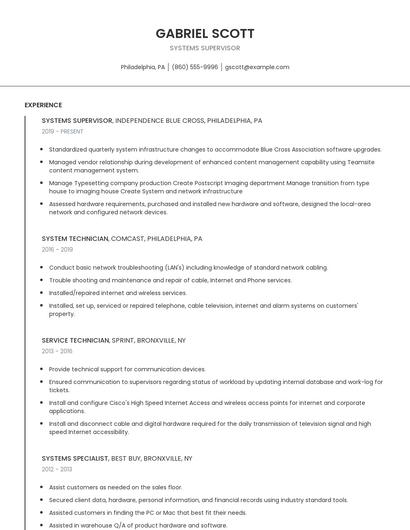 Systems Supervisor Resume