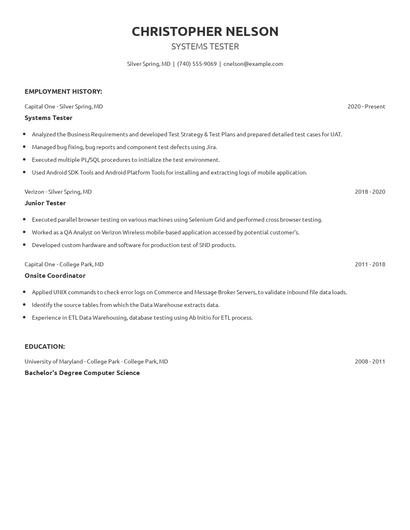 Systems Tester Resume