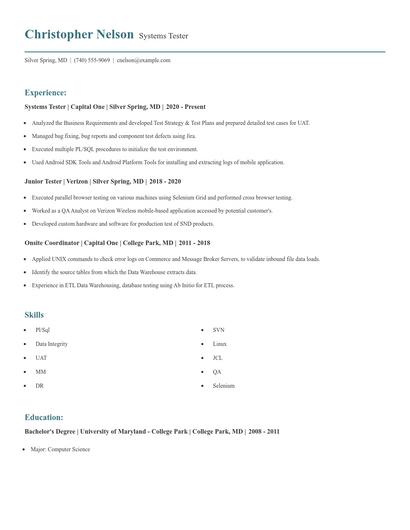 Systems Tester Resume
