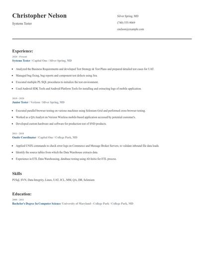 Systems Tester Resume