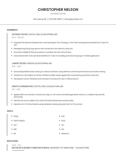 Systems Tester Resume