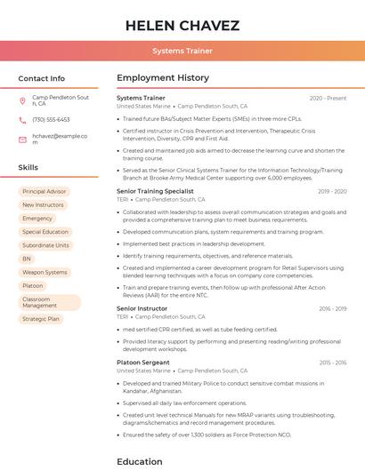 Systems Trainer Resume