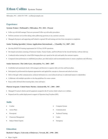 Systems Trainer Resume