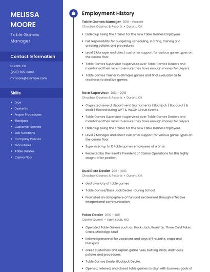 Table Games Manager Resume