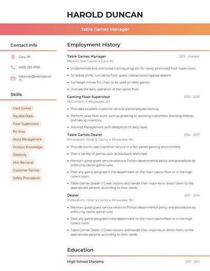 Table Games Manager Resume