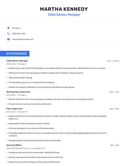 Table Games Manager Resume