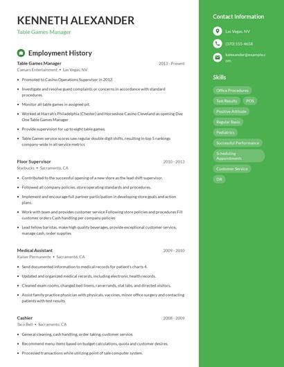Table Games Manager Resume