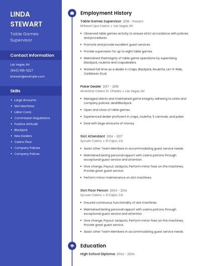 Table Games Supervisor Resume