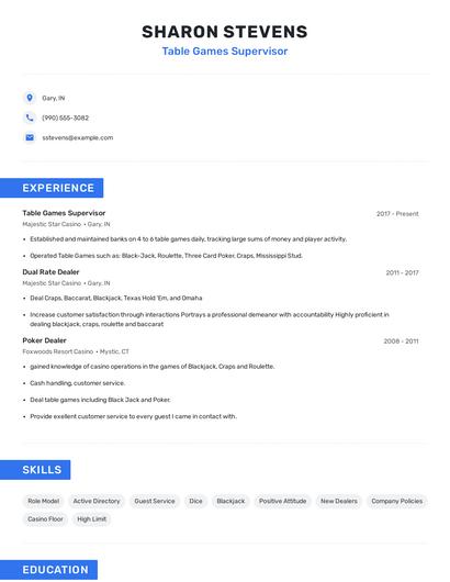 Table Games Supervisor Resume