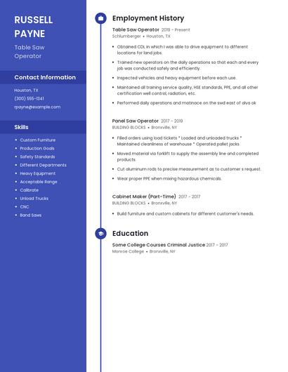 Table Saw Operator Resume