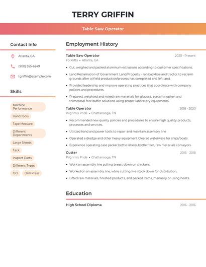 Table Saw Operator Resume