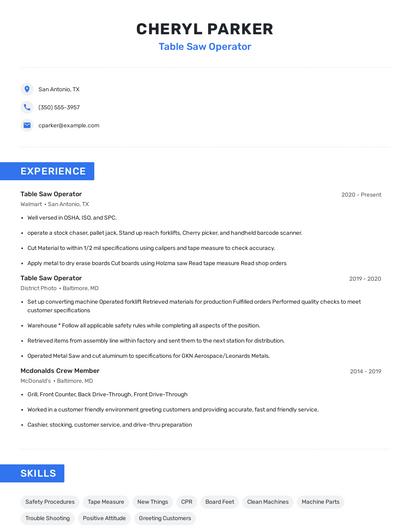 Table Saw Operator Resume