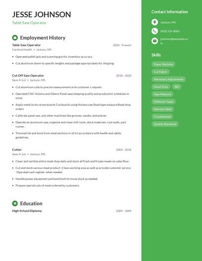 Table Saw Operator Resume