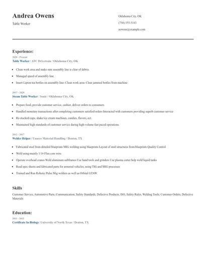 Table Worker Resume