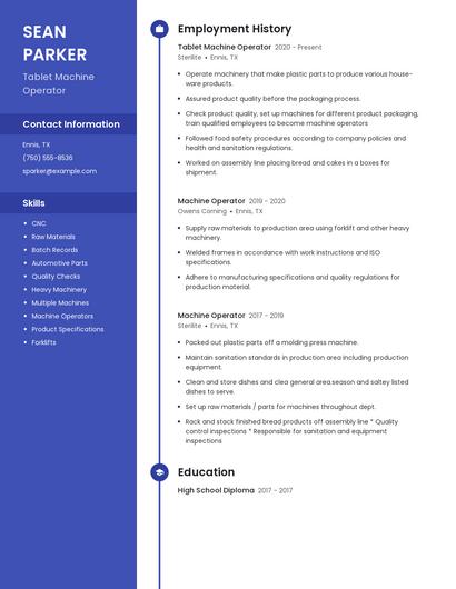 Tablet Machine Operator Resume