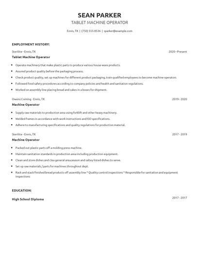 Tablet Machine Operator Resume
