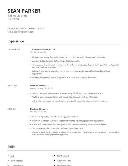 Tablet Machine Operator Resume