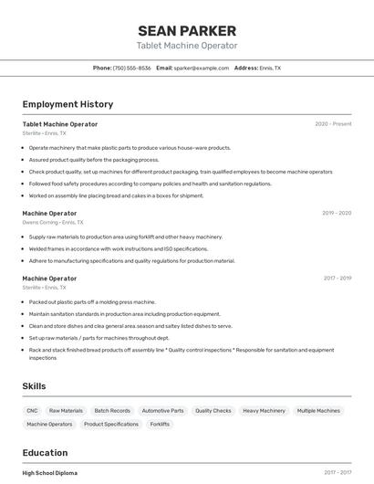 Tablet Machine Operator Resume