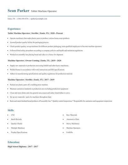Tablet Machine Operator Resume