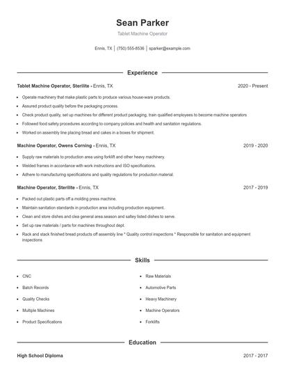 Tablet Machine Operator Resume