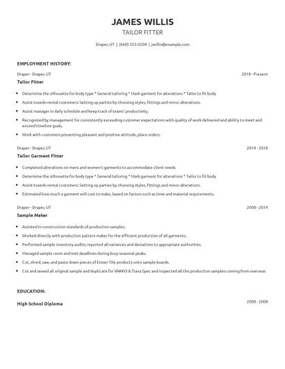 Tailor Fitter Resume