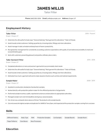Tailor Fitter Resume