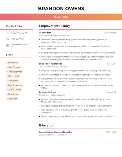 Tailor Fitter Resume