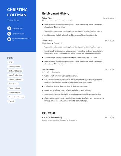 Tailor Fitter Resume